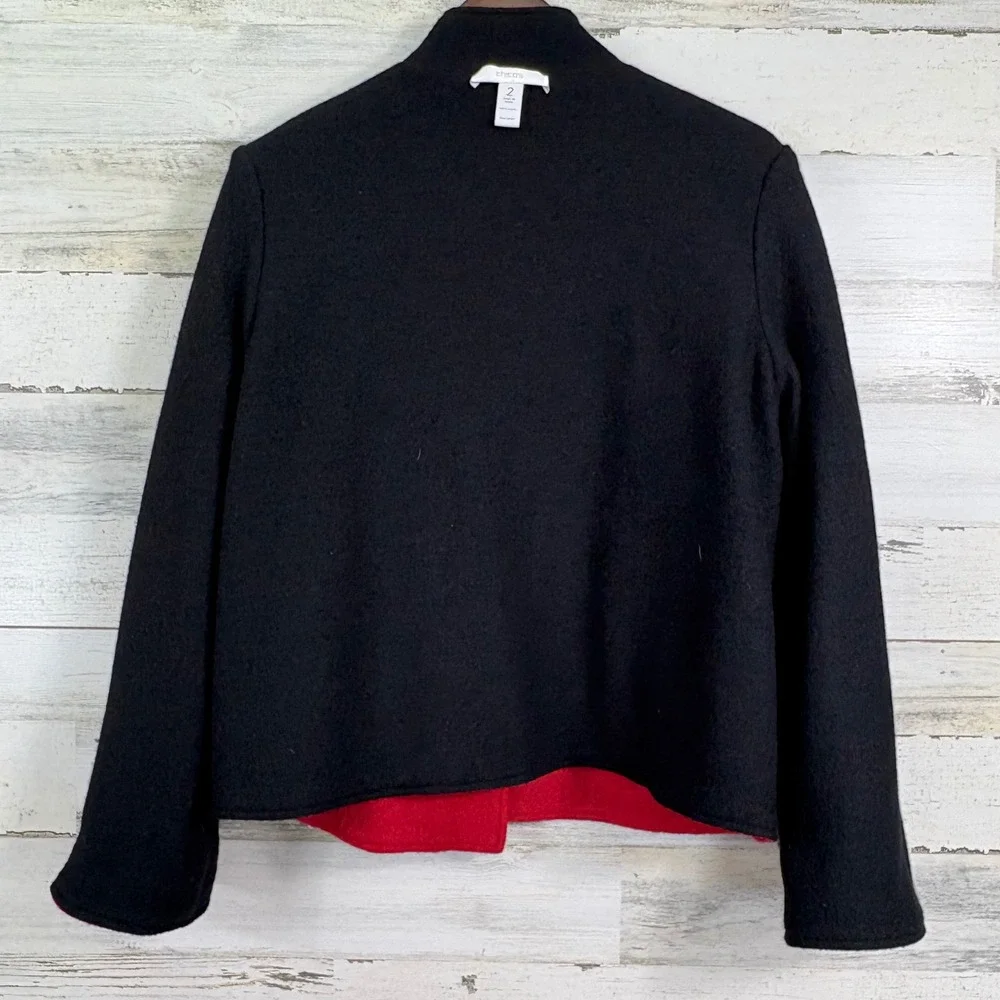 Chicos Red Black Reversible 100% Wool Mandarin Collar Jacket Blazer Sz 2/US 12‎